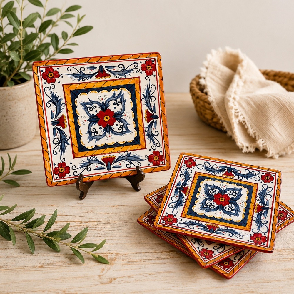 Tabletops Gallery Italiano Square Salad Plates Hand Painted Red Blue Set of 4 8"